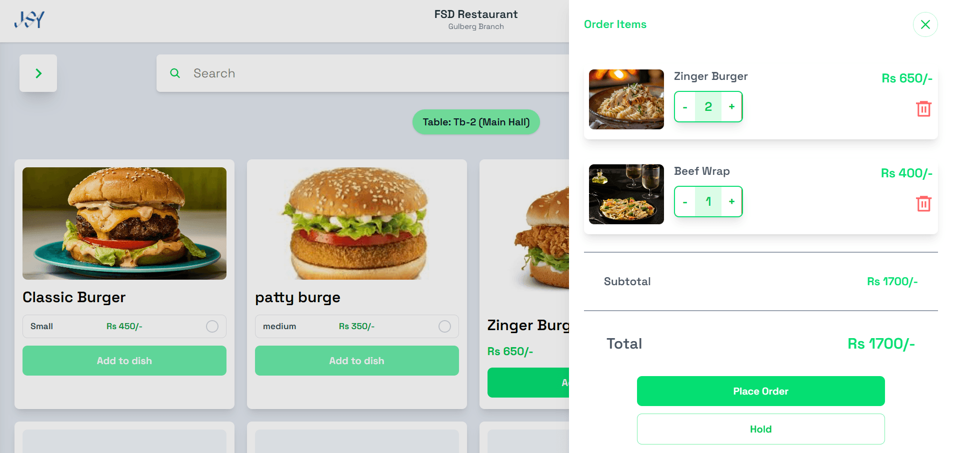 Restaurant POS interface